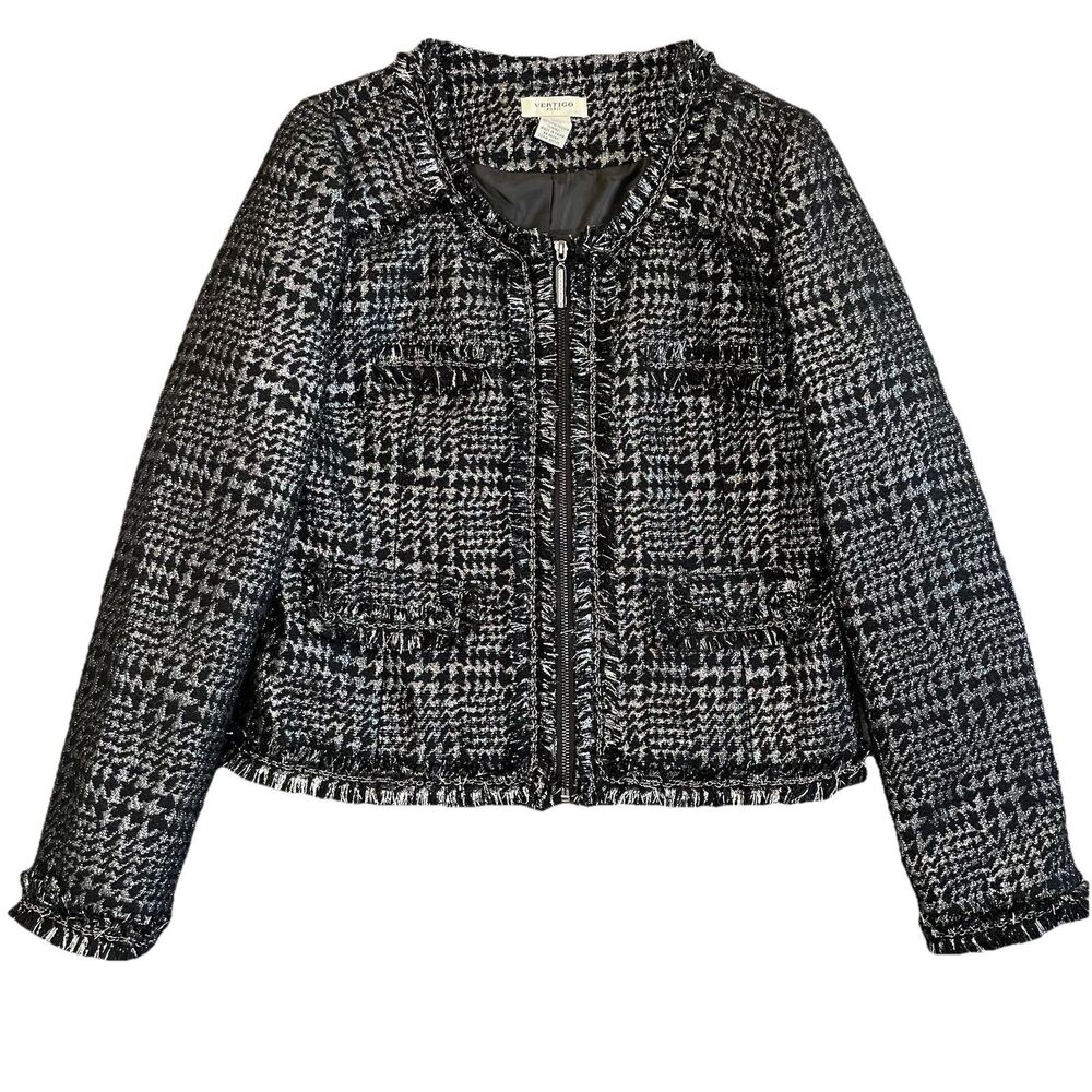 Vertigo Paris Brocade Chain Houndstooth Blazer Zip Wool Blend Jacket M